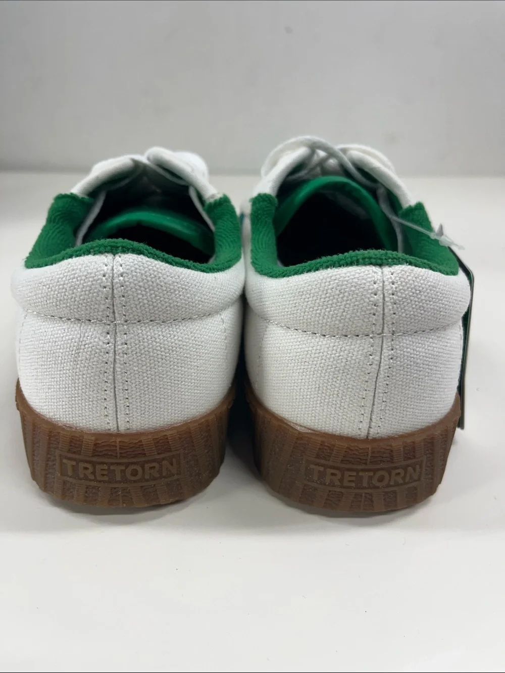 Tretorn White and Green Canvas Sneakers with Gum Sole